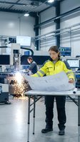 Female engineer in safety gear reviewing blueprints at industrial workstation with welding operations in background. Manufacturing and construction planning concept for technical projects.