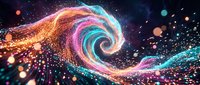 Glowing spiral wave of neon particles flowing across dark space, featuring vibrant magenta, cyan, and gold light trails with bokeh effects for digital art and motion graphics projects.