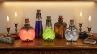 Magical potion bottles with colorful liquids and glowing candles create mystical alchemy laboratory atmosphere for fantasy gaming and witchcraft themes.