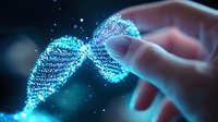 Glowing blue DNA helix structure touched by human finger against dark background, representing genetic engineering and biotechnology advancement in medical science.