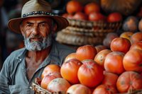 Senior farmer with gray beard selling fresh ripe tomatoes at local market, surrounded by woven baskets full of vibrant produce.