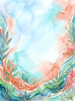 Watercolor floral frame with soft pastel washes in blue, coral, and green tones. Hand-drawn botanical elements border the composition, leaving central white space for text or design overlay.