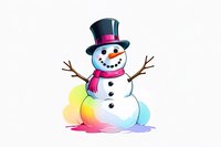 Cheerful snowman wearing top hat and pink scarf on rainbow watercolor background, stick arms and carrot nose, winter holiday character design for seasonal greetings.