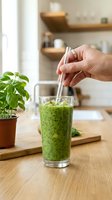 Hand stirring fresh green smoothie with straw in glass on wooden kitchen counter, with basil plant and shelves in background, ideal for healthy beverage and nutrition content.