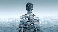 Silhouette of person filled with photo collage mosaic on foggy cityscape background, representing memories, social media and digital identity concept.
