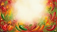 Colorful hot peppers and bell peppers arranged in decorative border with warm watercolor splashes and glowing center space for text overlay or design placement.