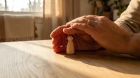 Senior man hands holding wooden cross pendant in prayer position on table with warm sunlight streaming through window creating peaceful spiritual moment.