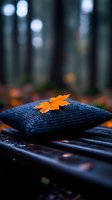 Orange maple leaf resting on navy blue knitted cushion outdoors with blurred forest background, creating moody autumn atmosphere with bokeh light effects.