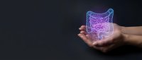 Human hands holding glowing digital intestine hologram on dark background for medical healthcare and digestive system concept.