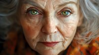 Senior woman with gray hair and green eyes wearing orange clothing, displaying mature facial features and natural aging characteristics for healthcare, wellness, and demographic representation.