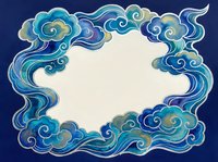 Ornate blue cloud frame with swirling decorative elements on navy background, isolated design element for invitations, certificates and artistic projects.