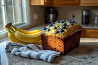 Fresh baked banana bread loaf topped with blueberries on marble counter, natural window light, rustic kitchen setting with bananas and linen towel.