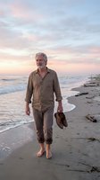 Mature Caucasian man with gray beard and hair wearing casual linen shirt walking barefoot on sandy beach at sunset, holding shoes in hand, ocean waves and driftwood visible, peaceful coastal lifestyle portrait.