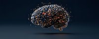 Glowing digital brain with interconnected neural network nodes floating on dark background, representing artificial intelligence and machine learning technology.