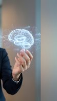 Businessperson holding glowing brain hologram with digital data visualization and network connections, representing artificial intelligence, innovation, and technology solutions.