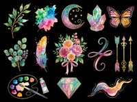 Watercolor botanical and decorative elements collection featuring isolated leaves, flowers, butterfly, gemstone, paint palette, arrows, and abstract swirls on transparent background. Ready for t-shirt design, clipart, stickers, sublimation, and print-on-demand projects.