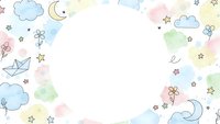 Watercolor frame with pastel clouds, stars, moon and paper boat on white background. Nursery decor border with dreamy sky elements for baby shower invitations.