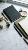 Stylish workspace flat lay with dark notebook, gold pen, washi tape, and stationery accessories on marble surface for creative planning and organization.