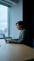 Middle-aged woman, South Asian ethnicity, business professional wearing gray blazer working on laptop at wooden desk in modern high-rise office with city skyline view through floor-to-ceiling windows.
