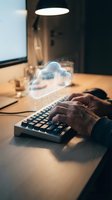 Hands typing on keyboard with glowing cloud computing hologram in modern office workspace for digital technology and data storage concepts.