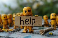 Creative conceptual scene with small yellow toy figure holding help sign, surrounded by similar figures, depicting social issues or mental health awareness concept.