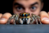 Extreme macro shot of jumping spider with bright blue eyes and fuzzy legs against dark background, with human fingers visible in soft focus behind spider.