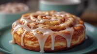 Fresh baked cinnamon roll with vanilla glaze dripping down sides, served on turquoise plate. Close-up view shows swirled dough layers and gooey icing.