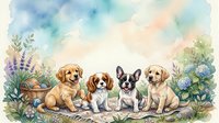 Adorable puppies sitting together in watercolor garden with flowers and plants. Golden retriever, beagle, french bulldog and labrador breeds on transparent background.