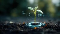 Young seedling growing from soil with futuristic digital interface surrounding it, representing agricultural technology and smart farming innovation.