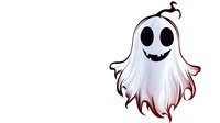 Playful cartoon ghost character with smiling face and flowing white sheet design, isolated on white background for Halloween decorations and party invitations.
