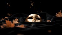 Golden theatrical mask partially hidden in black fabric with autumn leaves and bokeh lights on dark background. Dramatic artistic composition.