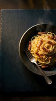 Spaghetti carbonara with crispy bacon and parmesan cheese served in dark ceramic bowl on slate background, overhead food photography for restaurant menus and culinary blogs.