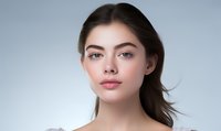 Young Caucasian woman with natural makeup, dark flowing hair and bare shoulders poses against light background, showcasing fresh glowing skin and serene expression.