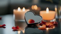 Romantic heart-shaped metal frame with glowing candles and scattered red rose petals on reflective surface, creating intimate Valentine's Day or anniversary atmosphere.