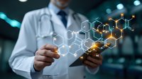 Medical professional in white coat analyzing molecular structure visualization with glowing chemical formula hologram in modern laboratory setting.