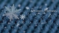 Delicate snowflake rests on blue knitted wool fabric creating winter seasonal atmosphere for holiday greeting cards and cozy textile designs.