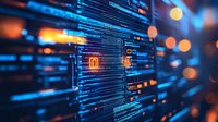 Digital technology abstract background with glowing blue code lines and orange light effects, modern futuristic interface design for technology concepts.