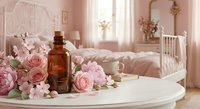 Aromatherapy essential oil bottles with pink roses and peonies on white table in cozy bedroom interior for relaxation and wellness.