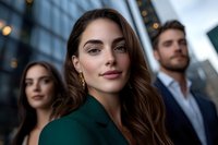 Young professional woman with brown hair wearing green blazer smiling confidently at camera with colleagues in urban business district background. Modern corporate lifestyle.