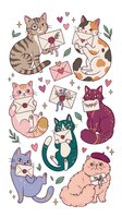 Adorable cartoon cats holding love letters and envelopes with hearts, stars and leaves on white background for Valentine's Day greeting cards and romantic designs.