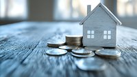 Small white house model with silver coins on wooden surface in blue tones, representing real estate investment, mortgage, and property market concepts.