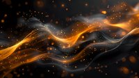 Abstract glowing golden wave with sparkling particles and smoke effect on dark background, flowing dynamic light trails create magical atmosphere.