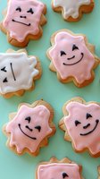 Cute decorated sugar cookies with happy face expressions in pink and white icing on mint green background for bakery treats and dessert concepts.