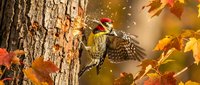 Pileated woodpecker with red crest pecking on tree bark surrounded by vibrant autumn maple leaves in golden sunlight creating warm seasonal wildlife scene.