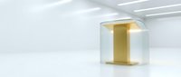 Golden podium display under glass dome in minimalist white studio environment for luxury product presentation and premium brand showcase.