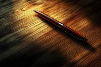Elegant pen lying on wooden surface with dramatic lighting and shadows creating moody atmosphere. Suitable for business and creativity concepts.