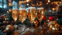 Elegant champagne flutes filled with sparkling golden wine surrounded by festive Christmas decorations and warm bokeh lights for holiday celebrations.