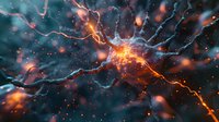 Glowing neuron cell with electrical impulses in deep blue background, orange synaptic connections and energy particles creating dynamic neural network visualization.