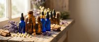 Essential oils in amber and blue glass bottles with dried lavender flowers and herbs on wooden surface for aromatherapy and natural wellness treatments.