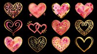 Watercolor and gold heart shapes with floral patterns, isolated on transparent background. Ready for t-shirt designs, stickers, clipart, sublimation, print-on-demand products, and digital crafts.